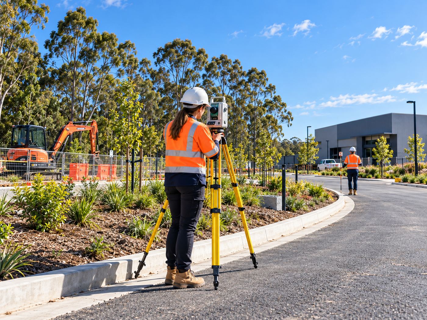 A surveyor sets out a new road beside fresh landscaping, with an excavator working nearby